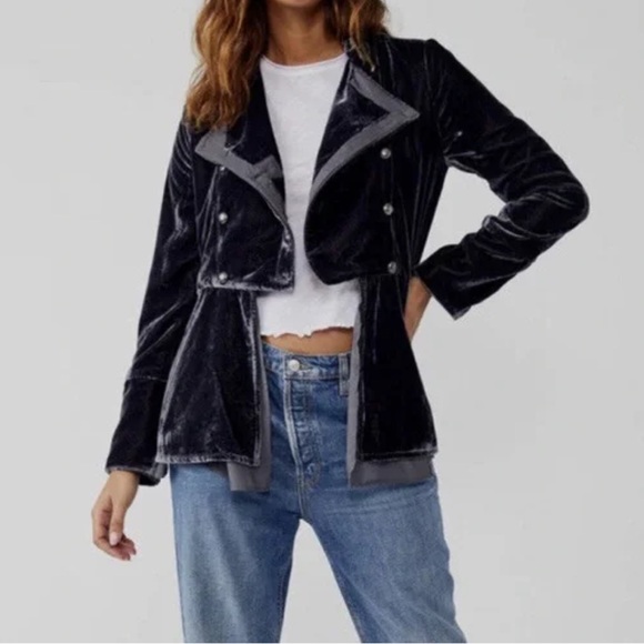Free People Faye Velvet Jacket Military Style Ebony Grey Color NWT Sz Small - Picture 1 of 7